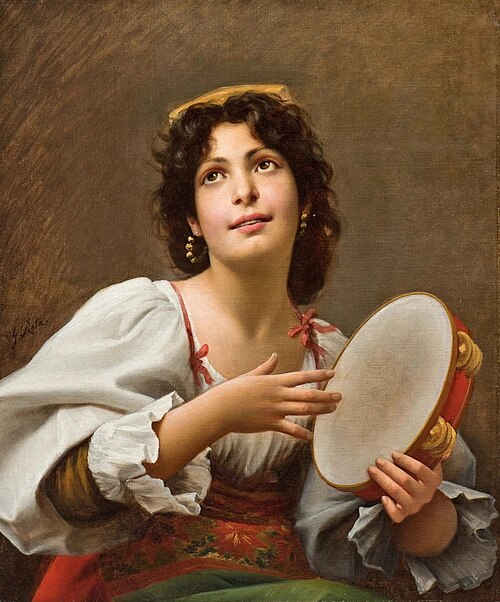 Young gipsy woman playing tambourine, 1850, Giovanni Rota