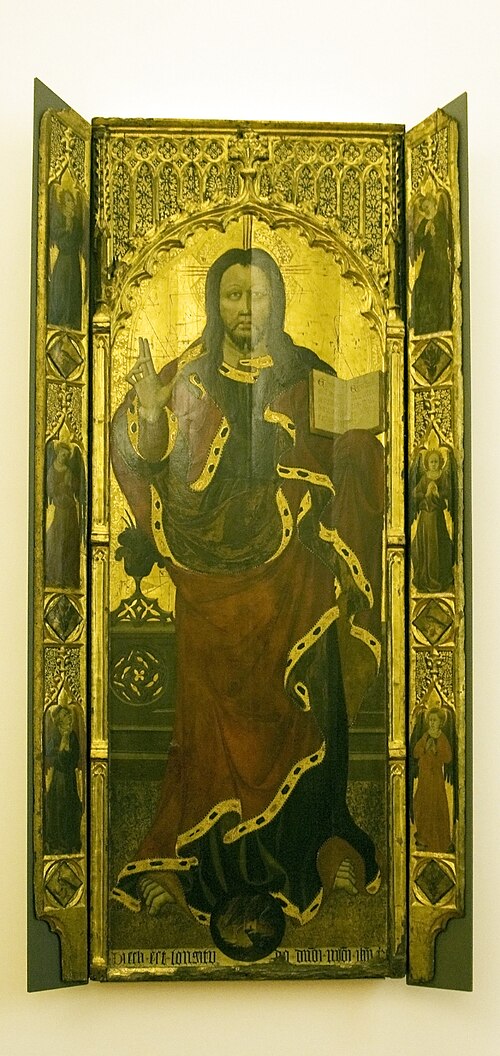A győzedelmes Krisztus a földgolyón, hat imádó angyal, 1400, Jaume Mateu