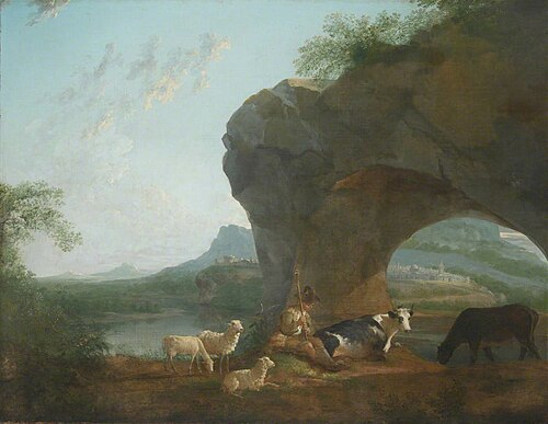 Italianate Landscape with a Herdsman and Three Sheep and Two Cows under a Rock Arch, 1817, Benjamin, the younger Barker