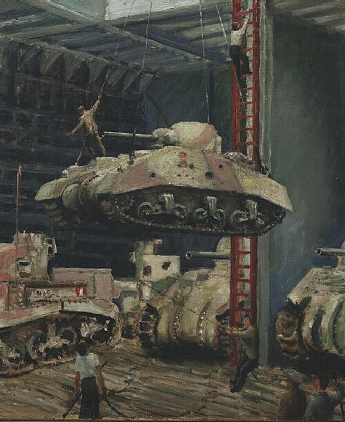 Damaged Tanks being Lowered into the Hold of a Merchant Ship, 1943, Bernard Hailstone