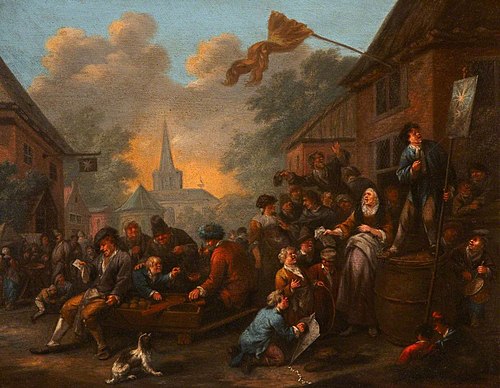 Rue de village avec des paysans faisant la fête, 1700, Bernardus van Schendel