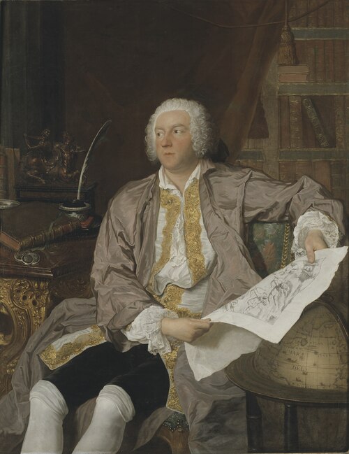 M. le Comte de Tessin, dans son Cabinet, tenant un Estampe de Jules Romain, 1740, Joseph Aved