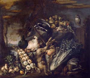 Dispensa con ortaggi, funghi, selvaggina, testa di vitello e civetta, 1690, Felice Boselli