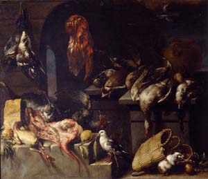 Dispensa con selvaggina, punta di formaggio, limoni, gatto, colomba e porcellino d’India, 1690, Felice Boselli