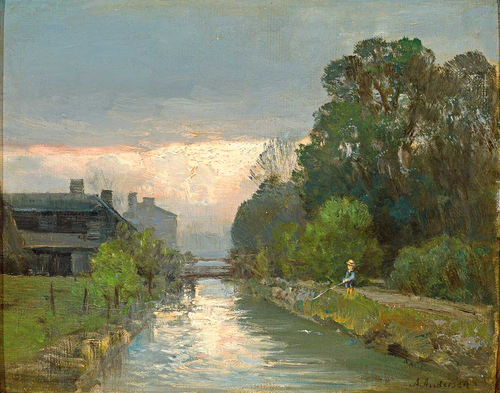 A boy fishing by a river., 1890, Anders Andersen-Lundby