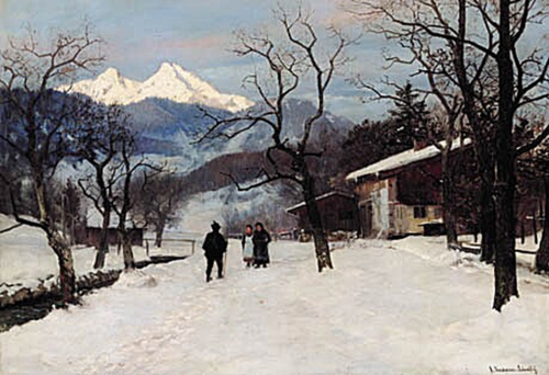 A winter landscape with people and snow-clad mountains., 1899, Anders Andersen-Lundby