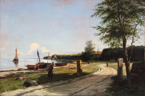 The coast of North Zealand with fishermen on the beach., 1872, Anders Andersen-Lundby