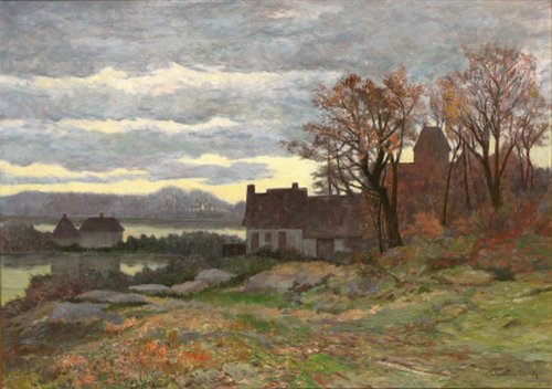 Evening scene with houses near a lake., 1890, Anders Andersen-Lundby