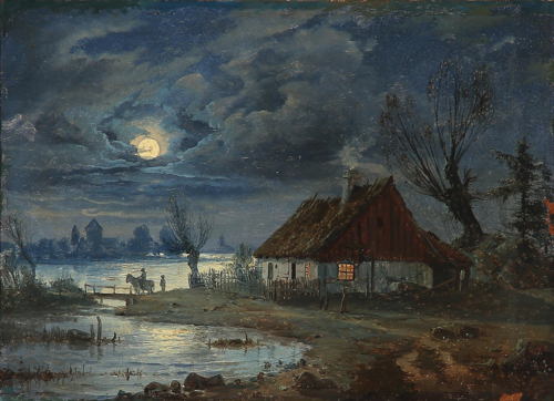 A moonlit landscape at a house., 1899, Anders Andersen-Lundby