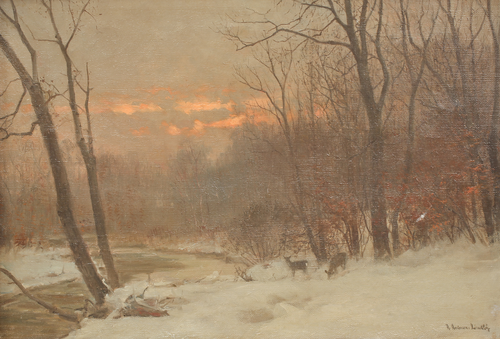 Deer by a stream in winter. Mostly clouded., 1890, Anders Andersen-Lundby