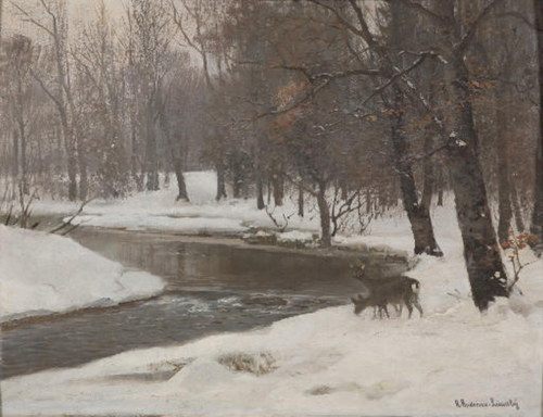 Deer by a stream in winter ., 1890, Anders Andersen-Lundby