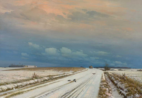 Winter landscape with birds at a road., 1890, Anders Andersen-Lundby