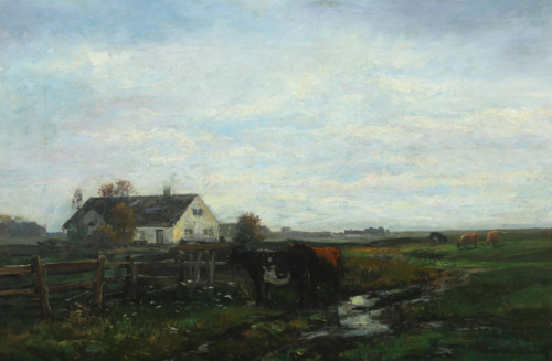 Cows grazing on a meadow with houses in the background., 1899, Anders Andersen-Lundby