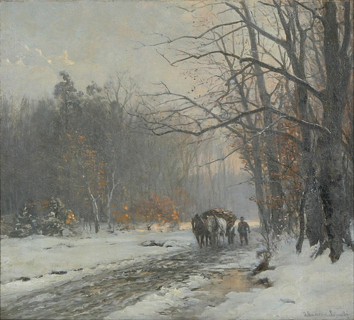 A horsedrawn cart on a snow covered road through the woods., 1899, Anders Andersen-Lundby