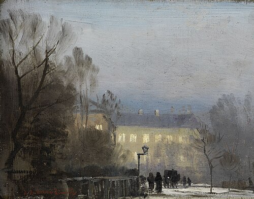 Buildings in a park by the evening lights., 1890, Anders Andersen-Lundby