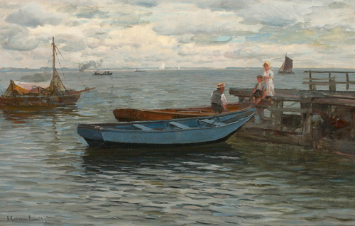 At the jetty on a summer day. Man and children talking and in the background numerous ships on the S, 1899, Anders Andersen-Lundby