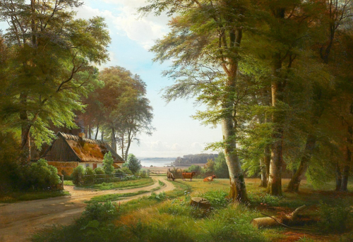Woodlands in summer with cows and a thatched house. In the background a small inlet., 1868, Anders Andersen-Lundby