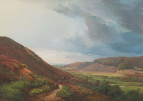 Hilly landscape with man walking along a path., 1870, Anders Andersen-Lundby