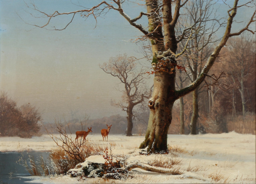 Winter landscape with some deer., 1872, Anders Andersen-Lundby