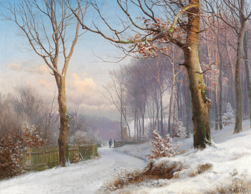 A man walking on a road through the woods on a clear winter day., 1873, Anders Andersen-Lundby