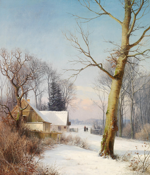 A sunny winter day with a woman and a boy near a farmhouse., 1873, Anders Andersen-Lundby