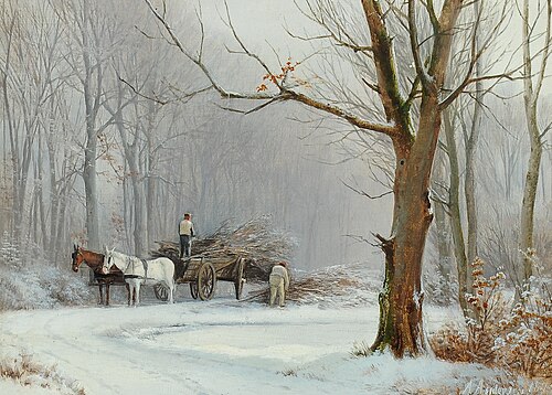 A snow covered forest with a horse-drawn wagon., 1874, Anders Andersen-Lundby