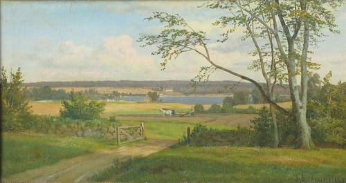 A farmer is ploughing his fields near an inlet., 1876, Anders Andersen-Lundby