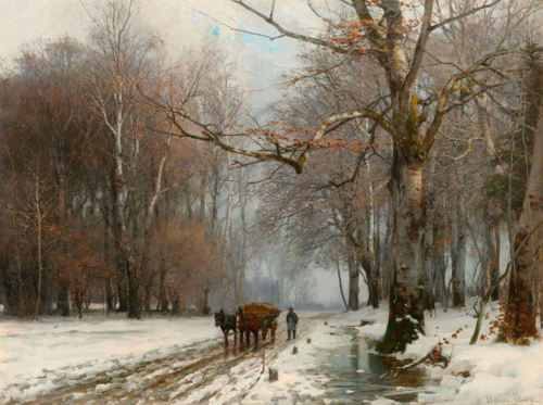 Winter landscape with a farmer leading a horsewagon., 1882, Anders Andersen-Lundby