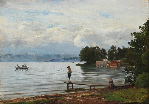 A lake in the mountains with a boy fishing., 1883, Anders Andersen-Lundby