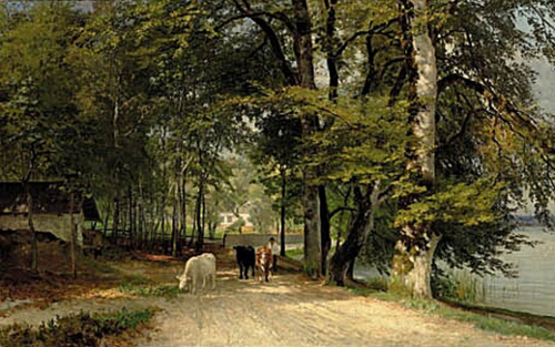 A farmer with cows at the edge of a lake., 1884, Anders Andersen-Lundby