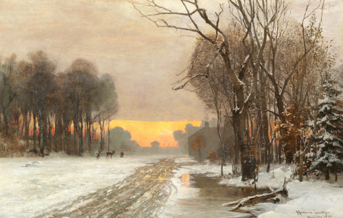 Deer at sunset in a winter landscape., 1886, Anders Andersen-Lundby