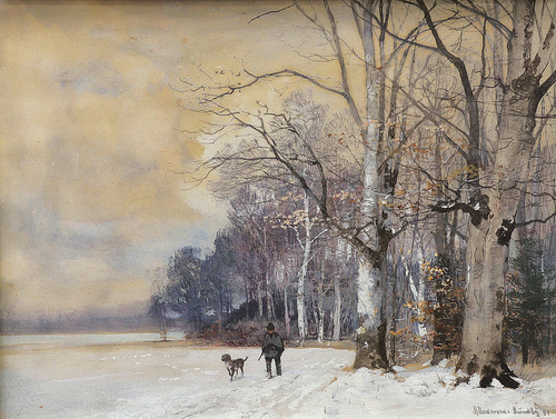 Hunter and his dog at the edge of a forest., 1891, Anders Andersen-Lundby