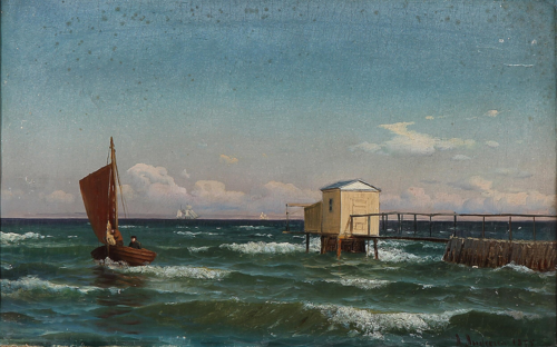 A fishing boat near a bathing jetty., 1875, Anders Andersen-Lundby