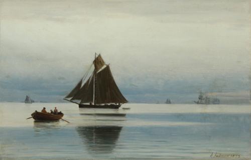 Sailing ships and persons in a rowboat., 1875, Anders Andersen-Lundby