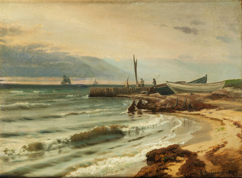 Fishermen and boats at the beach of Vedbæk, Denmark., 1875, Anders Andersen-Lundby
