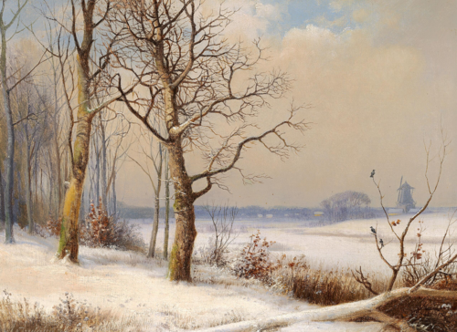 A winter landscape with a mill., 1872, Anders Andersen-Lundby