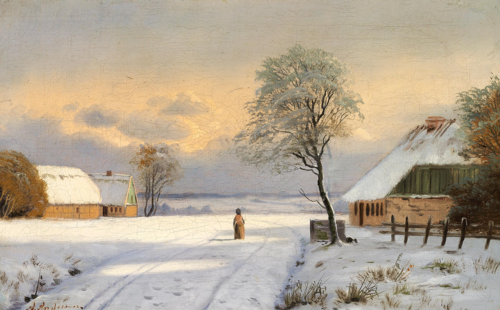 A snow covered road with a woman., 1872, Anders Andersen-Lundby