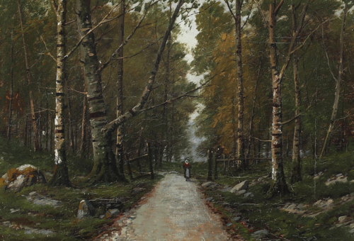 Forest scene with a woman., 1860, Anders Andersen-Lundby