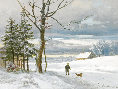 Morning sun on a winter landscape. A man is walking his dog., 1870, Anders Andersen-Lundby