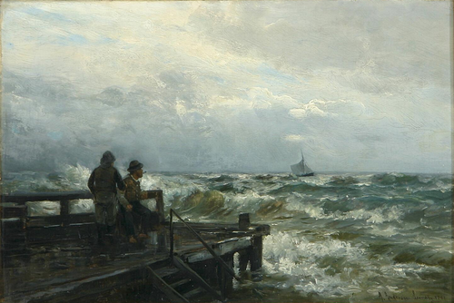Fishermen looking at the rough sea., 1881, Anders Andersen-Lundby