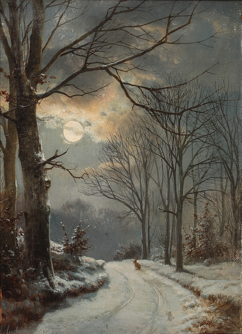 Snow-covered forest road in moonlight., 1874, Anders Andersen-Lundby