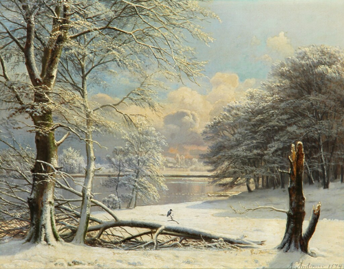 Winter scene by a lake., 1874, Anders Andersen-Lundby