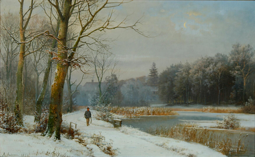 Winter scene at Hellebæk Village., 1873, Anders Andersen-Lundby