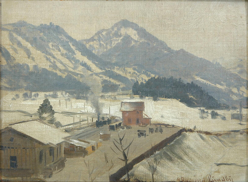 Mountain scenery with buildings., 1891, Anders Andersen-Lundby