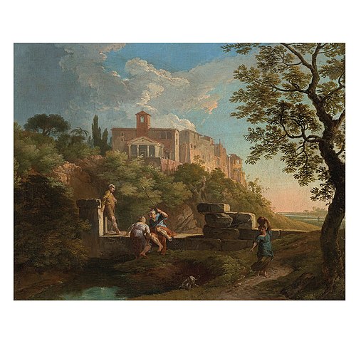 An Italianate landscape with figures resting by a wall, , Andrea Locatelli