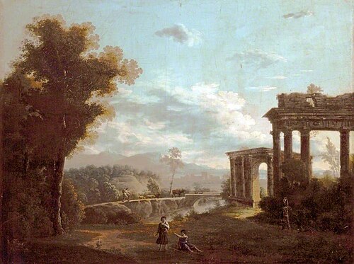 Classical Landscape with Ruins and Two Figures, 1755, Andrea Locatelli