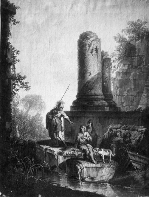 Architekturbild mit zwei Bettlern, Soldat und Hund (Kopie nach), 1700, Andrea Locatelli