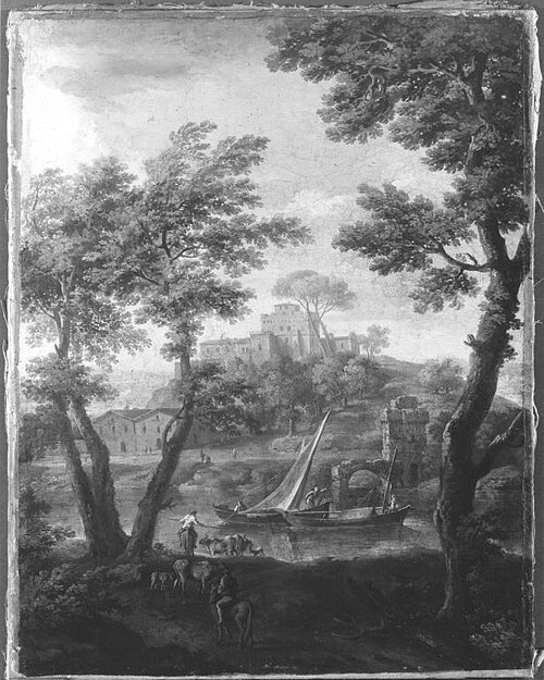 Landschaft mit Fluss und Kastell (Art des), 1700, Andrea Locatelli