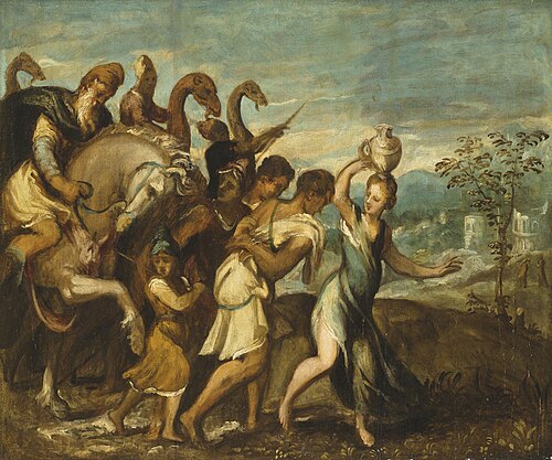 King Saul being greeted in triumph after David's defeat of Goliath, 1563, Andrea Schiavone