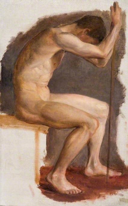 Seated Male Nude, Leaning Forward on a Staff, 1906, Brian Hatton